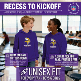 Minnesota Vikings Youth NFL Ultimate Fan Logo Fleece Hooded Sweatshirt -Tagless Football Pullover For Kids - Purple