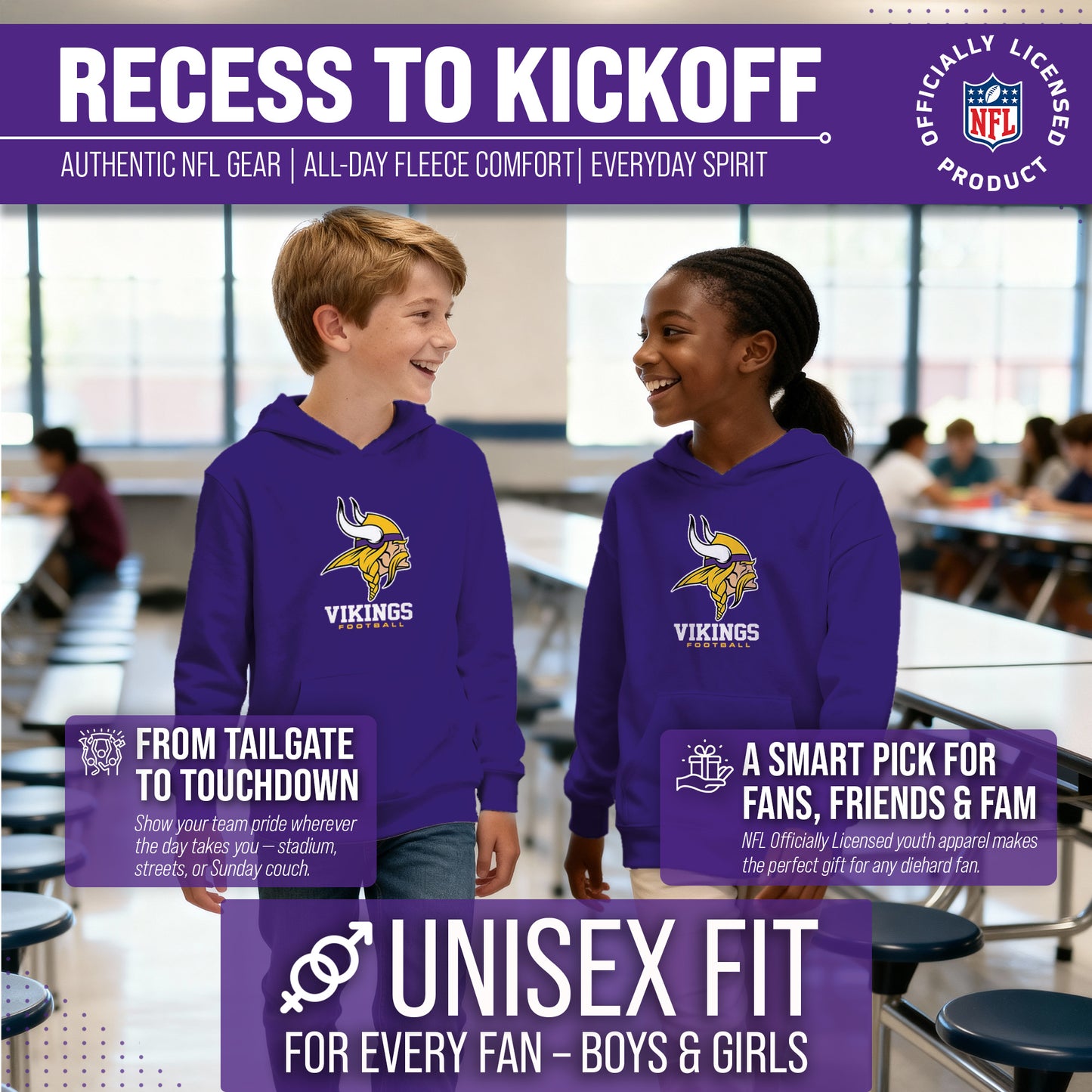 Minnesota Vikings Youth NFL Ultimate Fan Logo Fleece Hooded Sweatshirt -Tagless Football Pullover For Kids - Purple