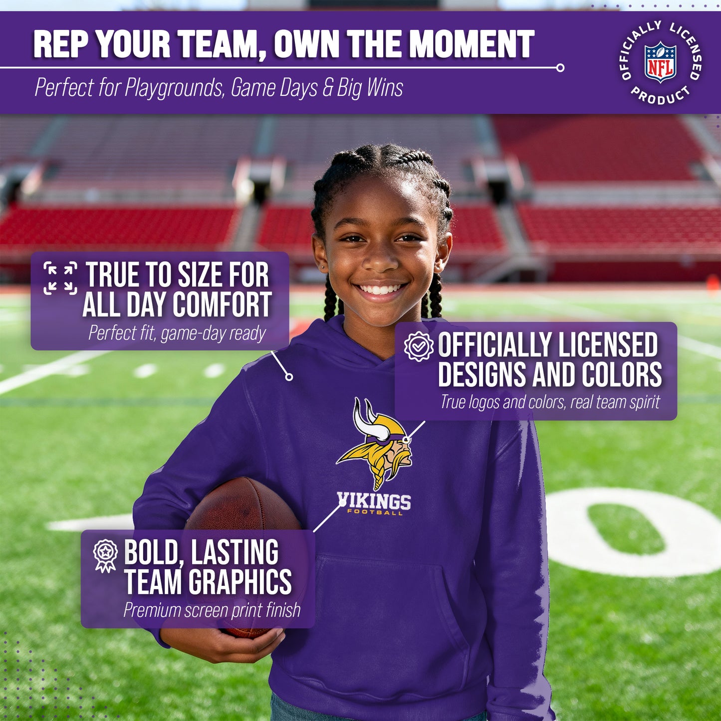 Minnesota Vikings Youth NFL Ultimate Fan Logo Fleece Hooded Sweatshirt -Tagless Football Pullover For Kids - Purple