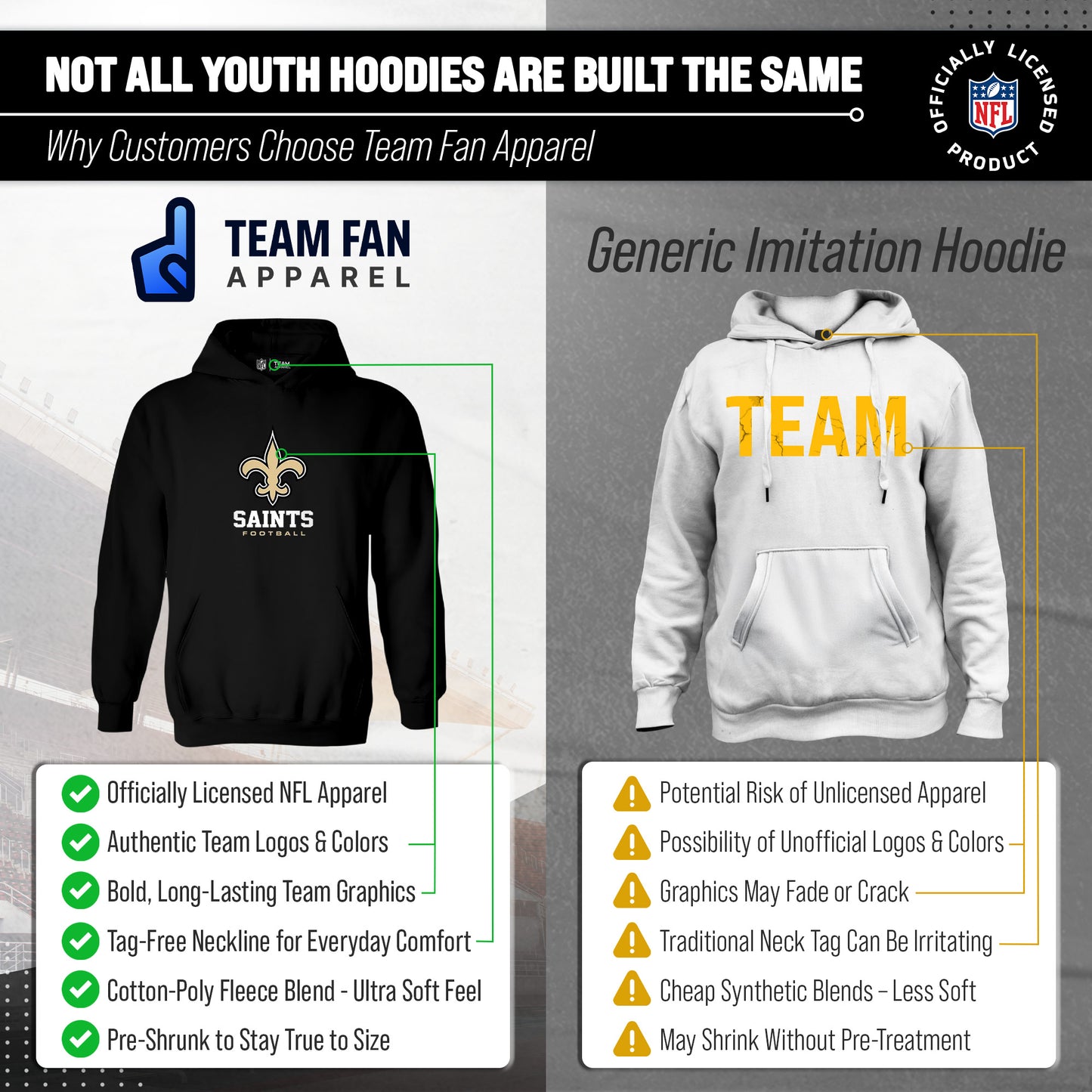 New Orleans Saints Youth NFL Ultimate Fan Logo Fleece Hooded Sweatshirt -Tagless Football Pullover For Kids - Black