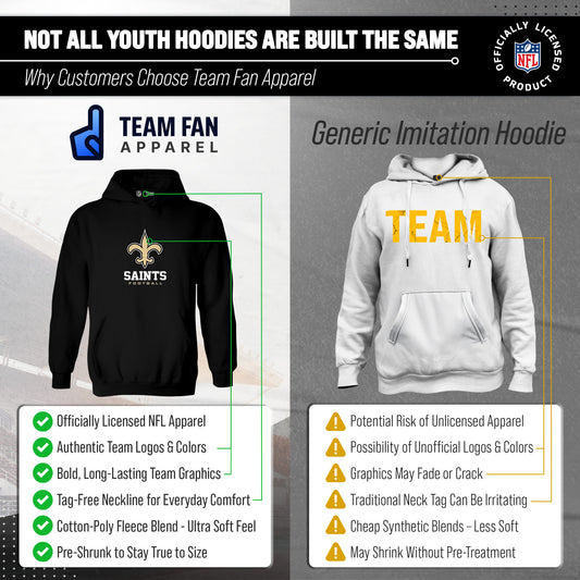 New Orleans Saints Youth NFL Ultimate Fan Logo Fleece Hooded Sweatshirt -Tagless Football Pullover For Kids - Black