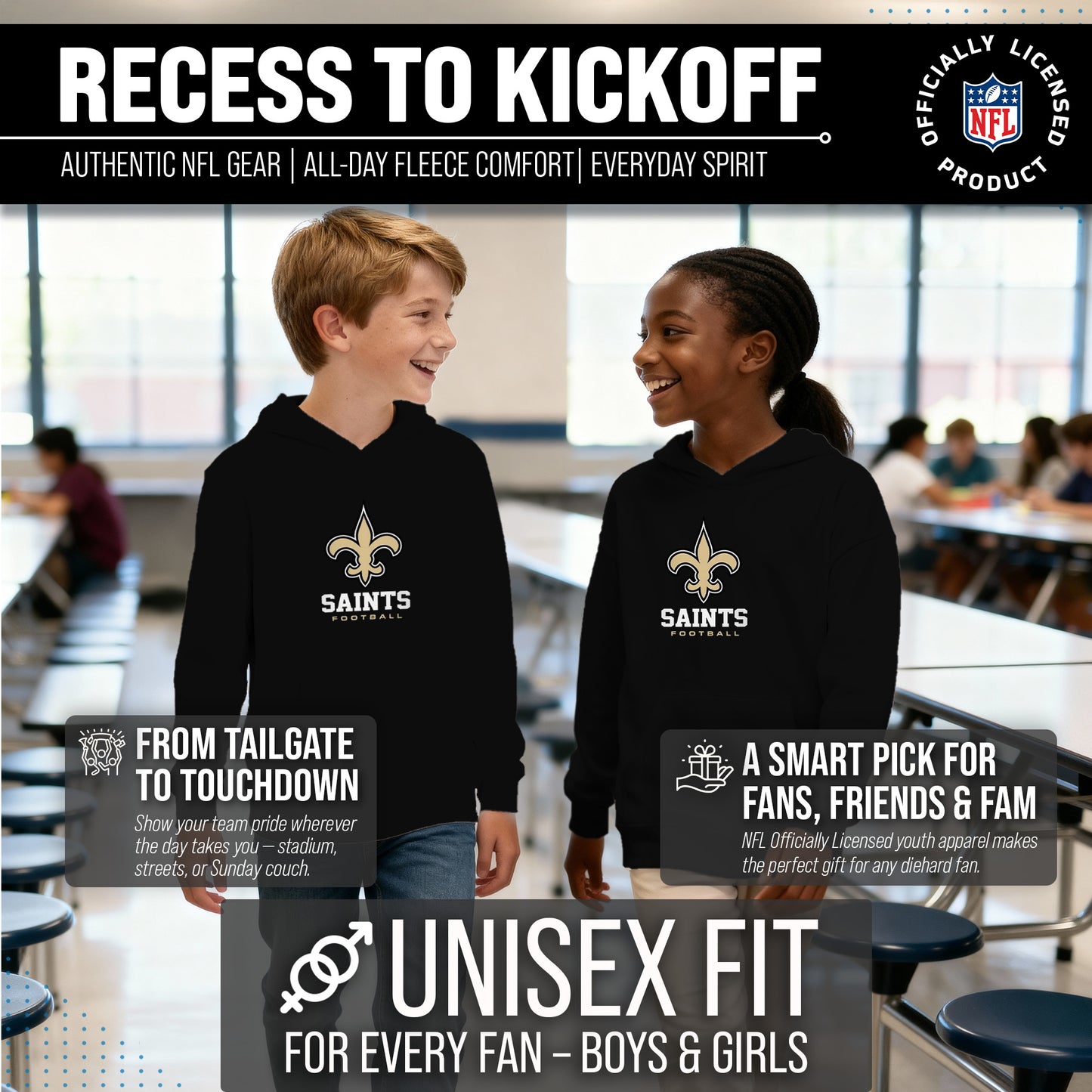 New Orleans Saints Youth NFL Ultimate Fan Logo Fleece Hooded Sweatshirt -Tagless Football Pullover For Kids - Black