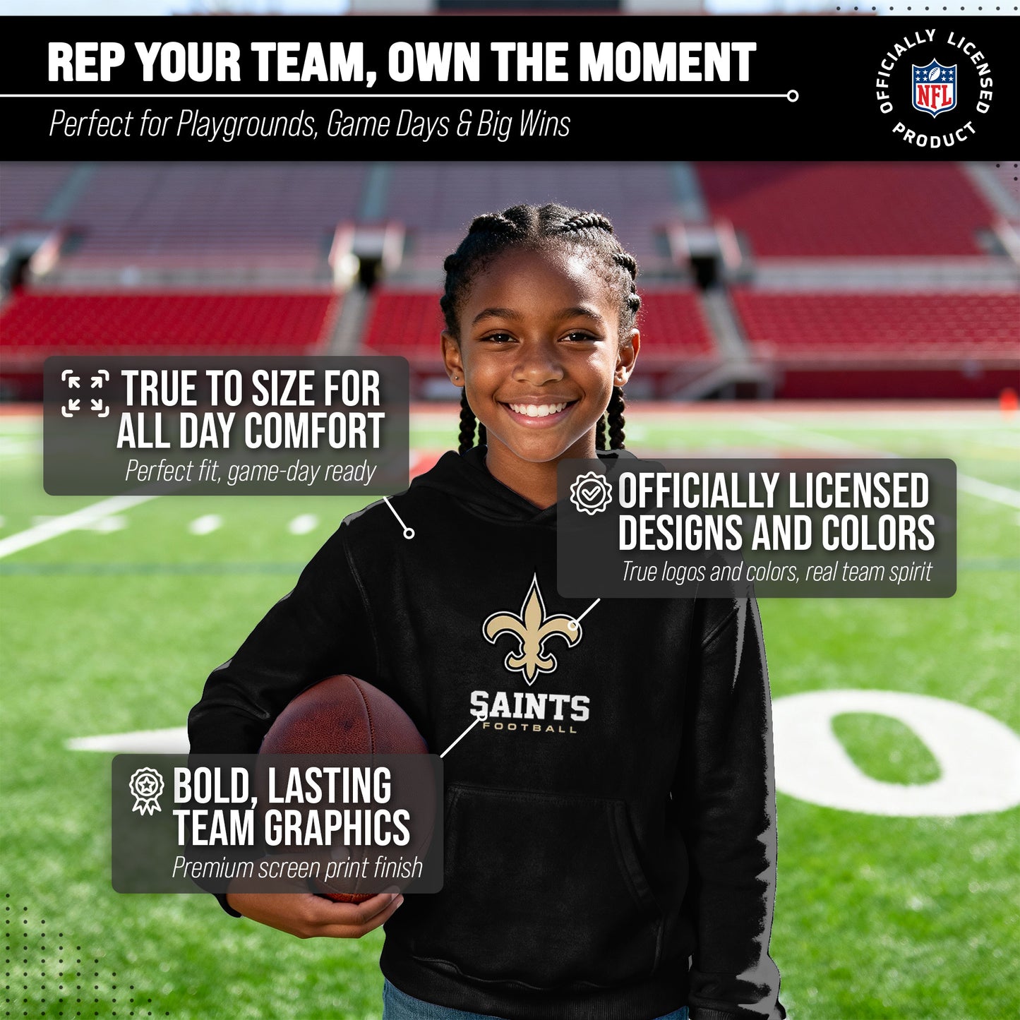 New Orleans Saints Youth NFL Ultimate Fan Logo Fleece Hooded Sweatshirt -Tagless Football Pullover For Kids - Black