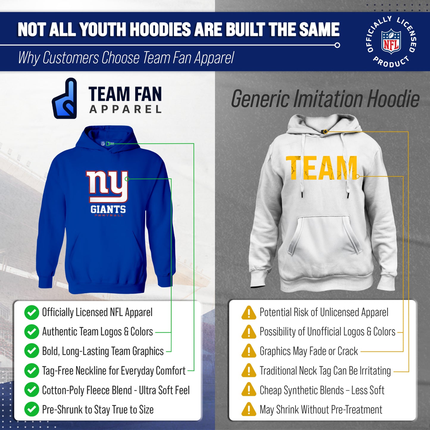New York Giants Youth NFL Ultimate Fan Logo Fleece Hooded Sweatshirt -Tagless Football Pullover For Kids - Royal