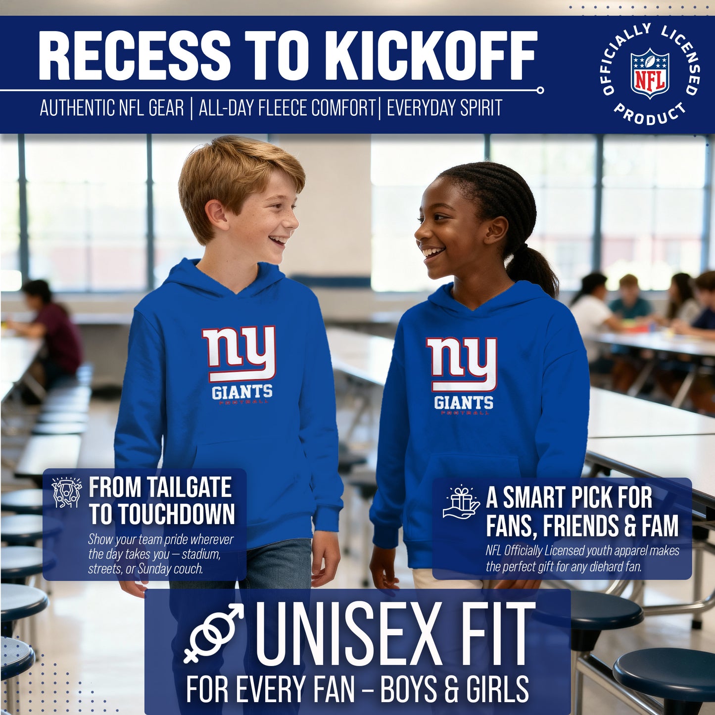 New York Giants Youth NFL Ultimate Fan Logo Fleece Hooded Sweatshirt -Tagless Football Pullover For Kids - Royal