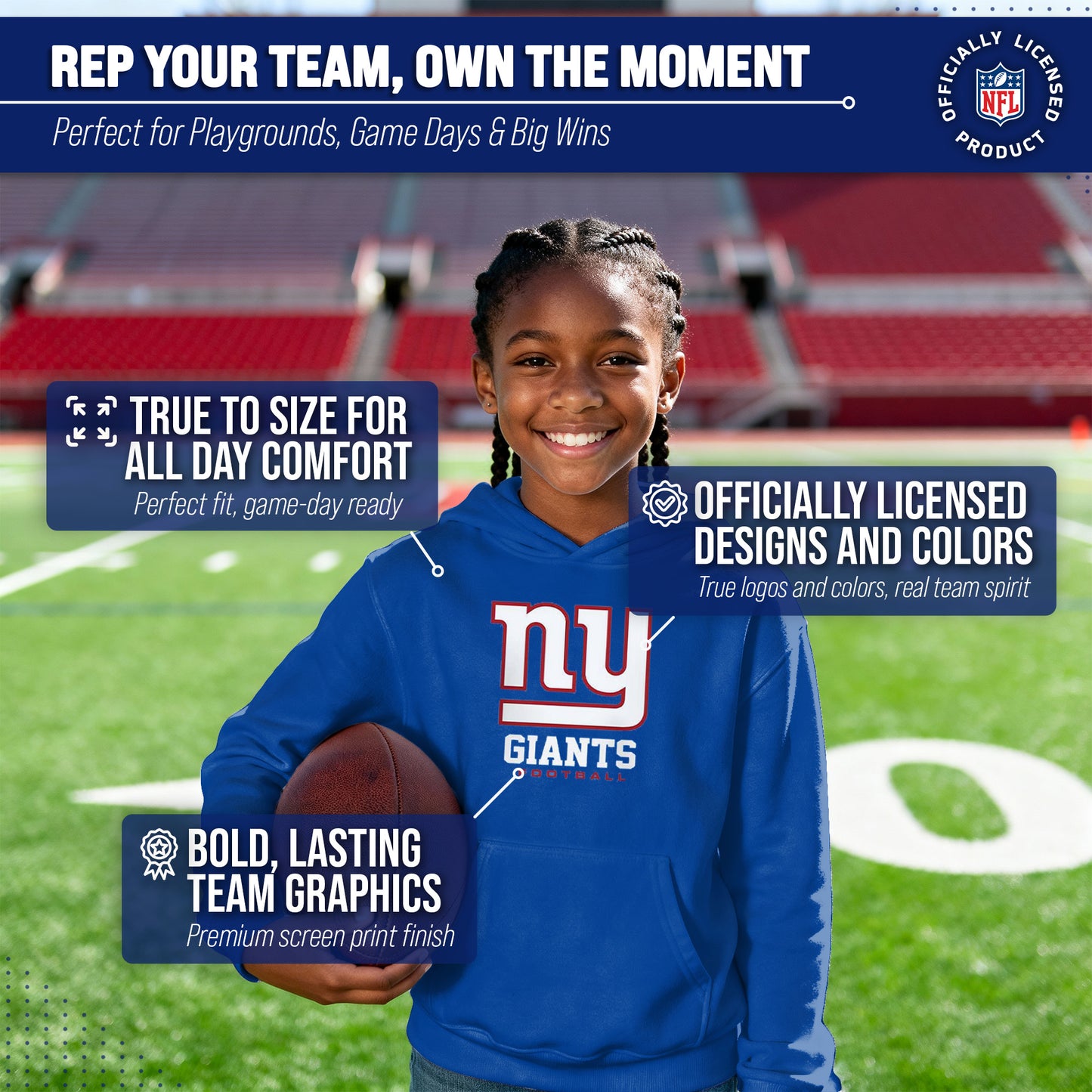 New York Giants Youth NFL Ultimate Fan Logo Fleece Hooded Sweatshirt -Tagless Football Pullover For Kids - Royal