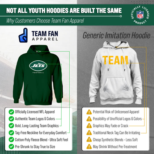 New York Jets Youth NFL Ultimate Fan Logo Fleece Hooded Sweatshirt -Tagless Football Pullover For Kids - Forest Green