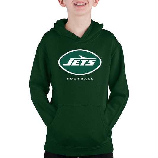 New York Jets Youth NFL Ultimate Fan Logo Fleece Hooded Sweatshirt -Tagless Football Pullover For Kids - Forest Green