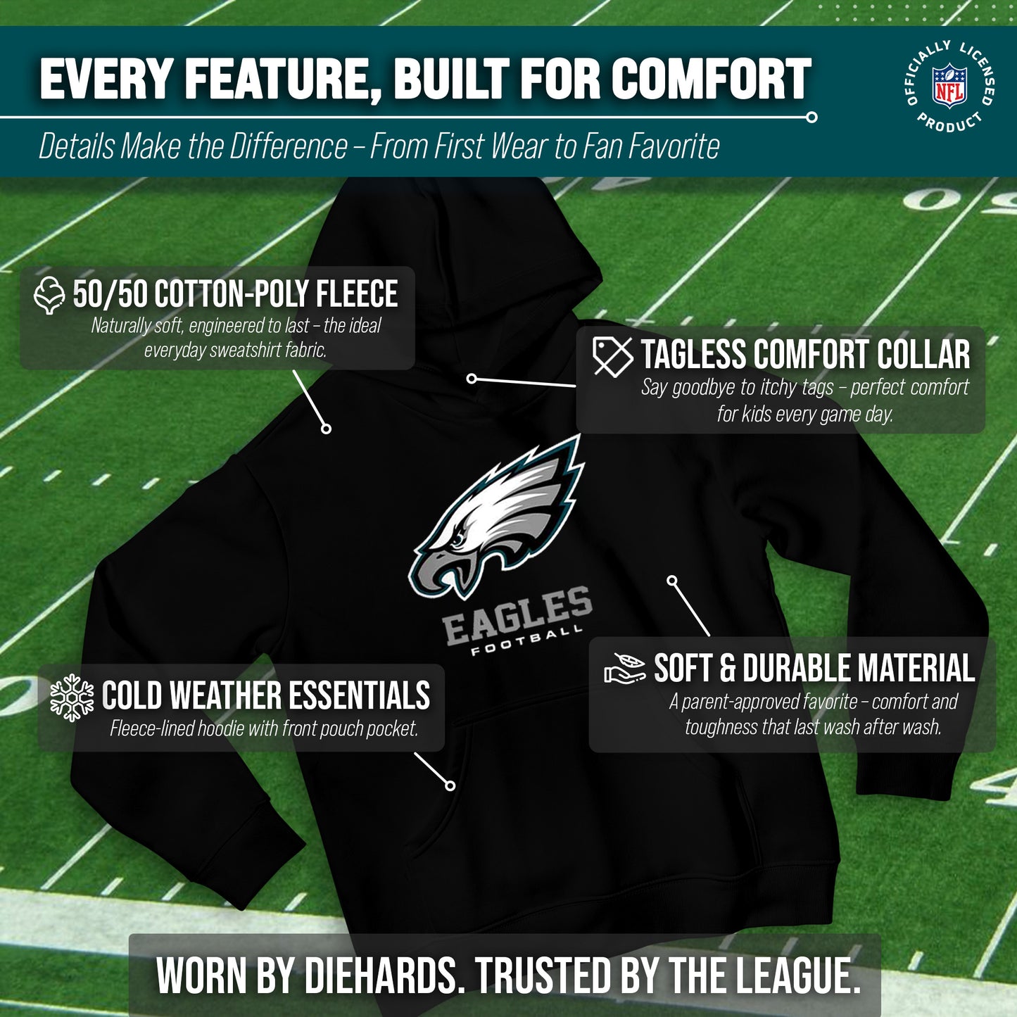 Philadelphia Eagles Youth NFL Ultimate Fan Logo Fleece Hooded Sweatshirt -Tagless Football Pullover For Kids - Black