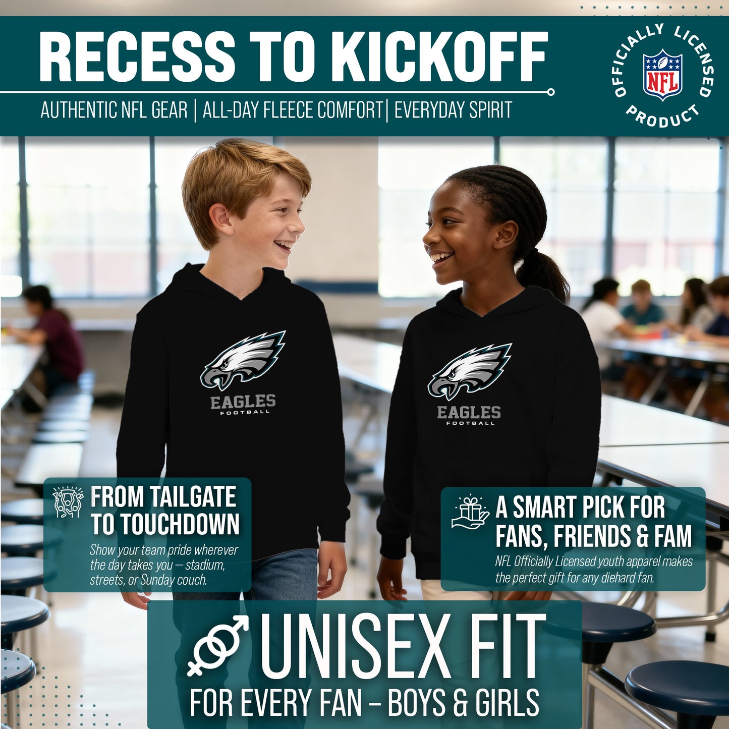 Philadelphia Eagles Youth NFL Ultimate Fan Logo Fleece Hooded Sweatshirt -Tagless Football Pullover For Kids - Black