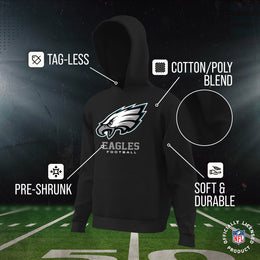 Philadelphia Eagles Youth NFL Ultimate Fan Logo Fleece Hooded Sweatshirt -Tagless Football Pullover For Kids - Black