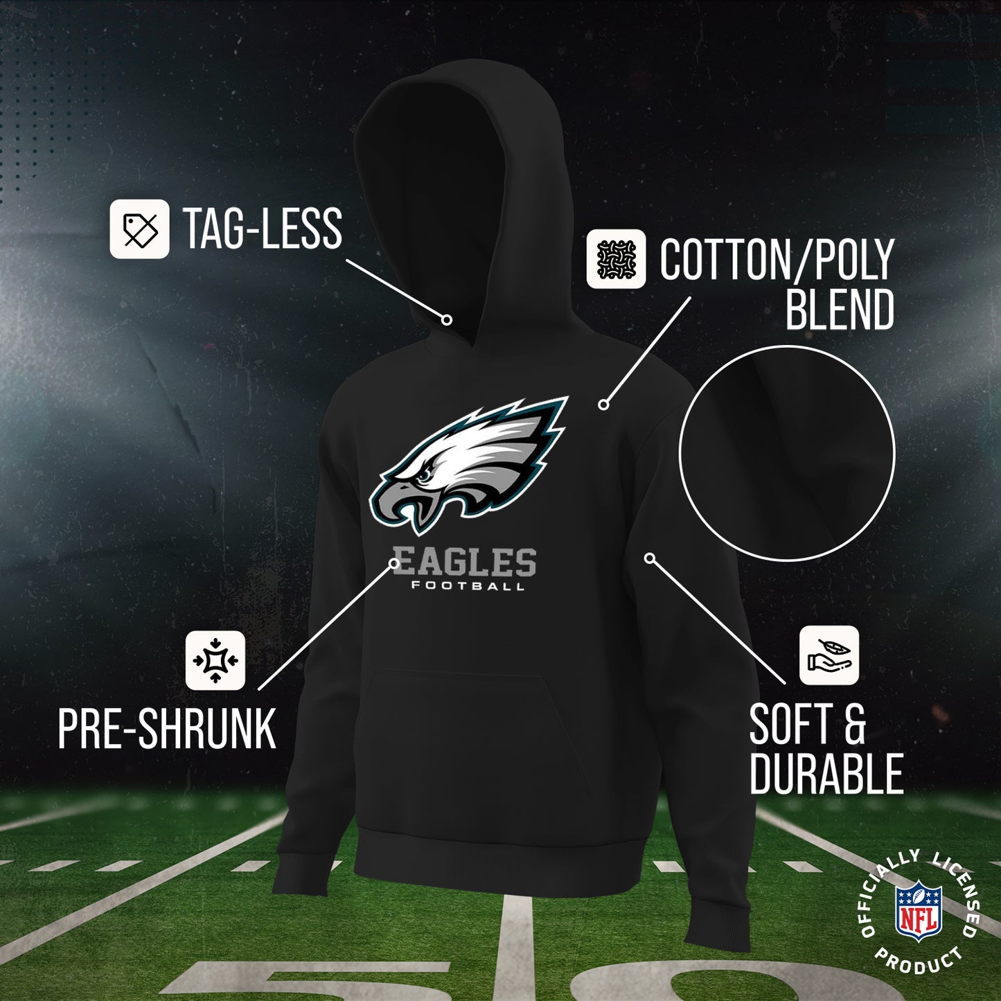 Philadelphia Eagles Youth NFL Ultimate Fan Logo Fleece Hooded Sweatshirt -Tagless Football Pullover For Kids - Black