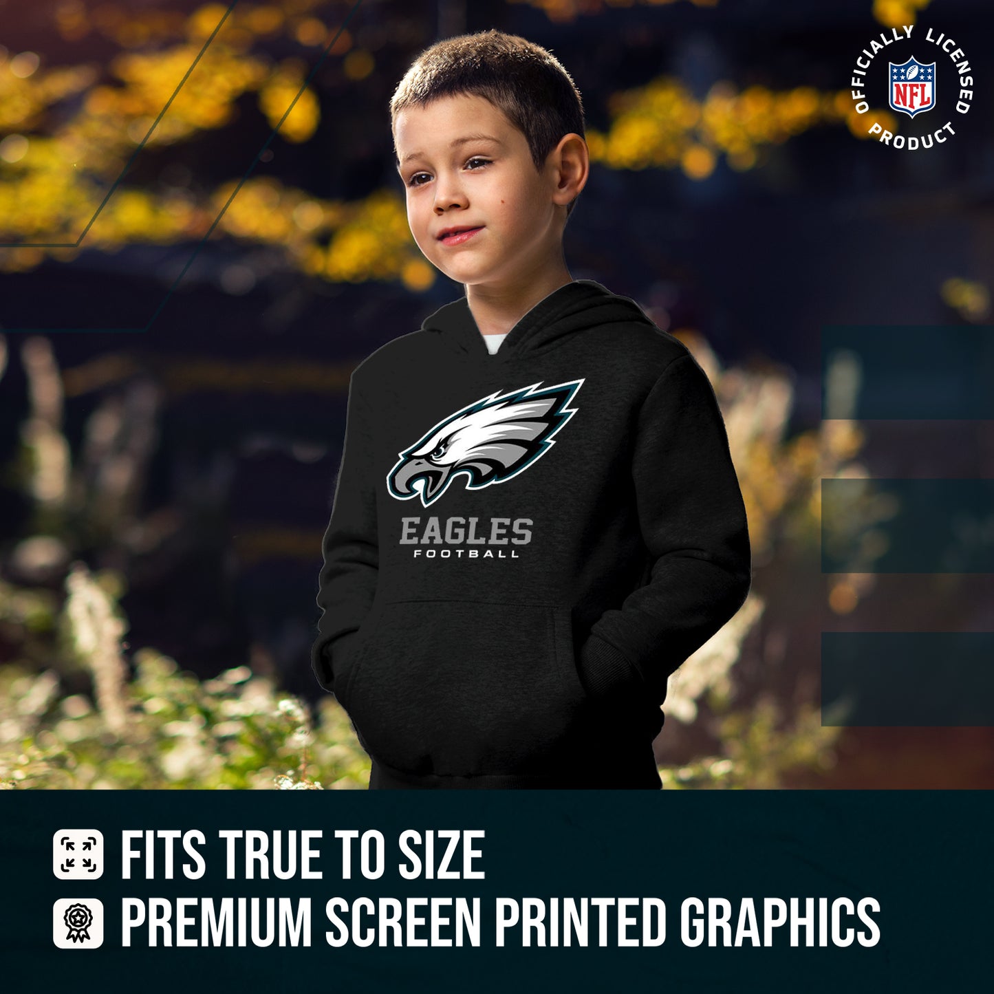 Philadelphia Eagles Youth NFL Ultimate Fan Logo Fleece Hooded Sweatshirt -Tagless Football Pullover For Kids - Black