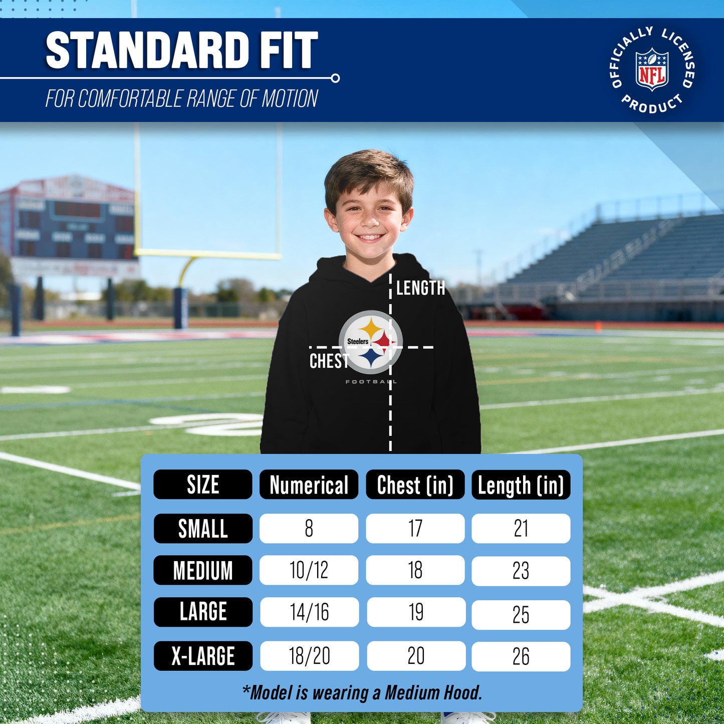 Pittsburgh Steelers Youth NFL Ultimate Fan Logo Fleece Hooded Sweatshirt -Tagless Football Pullover For Kids - Black