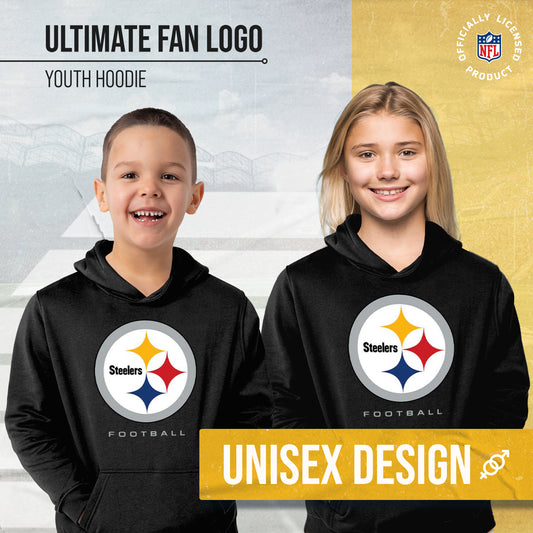 Pittsburgh Steelers Youth NFL Ultimate Fan Logo Fleece Hooded Sweatshirt -Tagless Football Pullover For Kids - Black