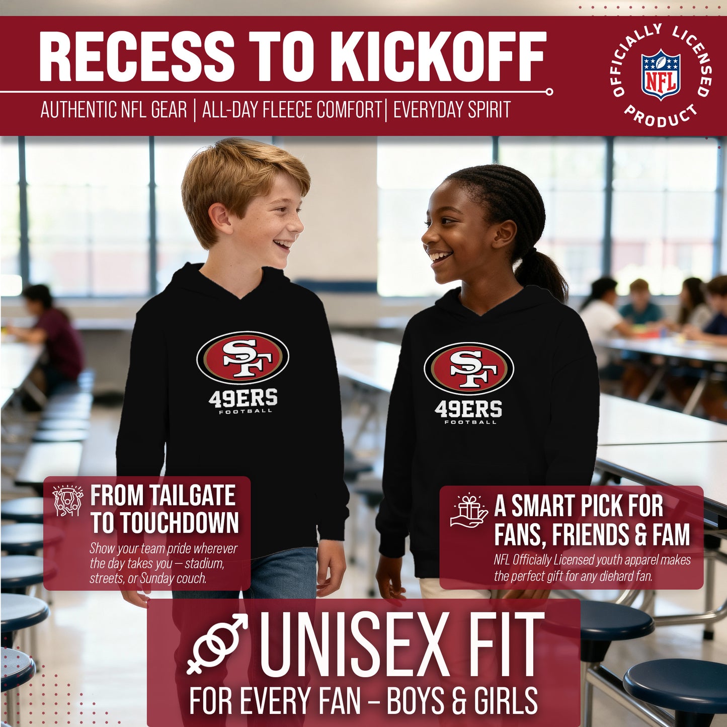 San Francisco 49ers Youth NFL Ultimate Fan Logo Fleece Hooded Sweatshirt -Tagless Football Pullover For Kids - Black