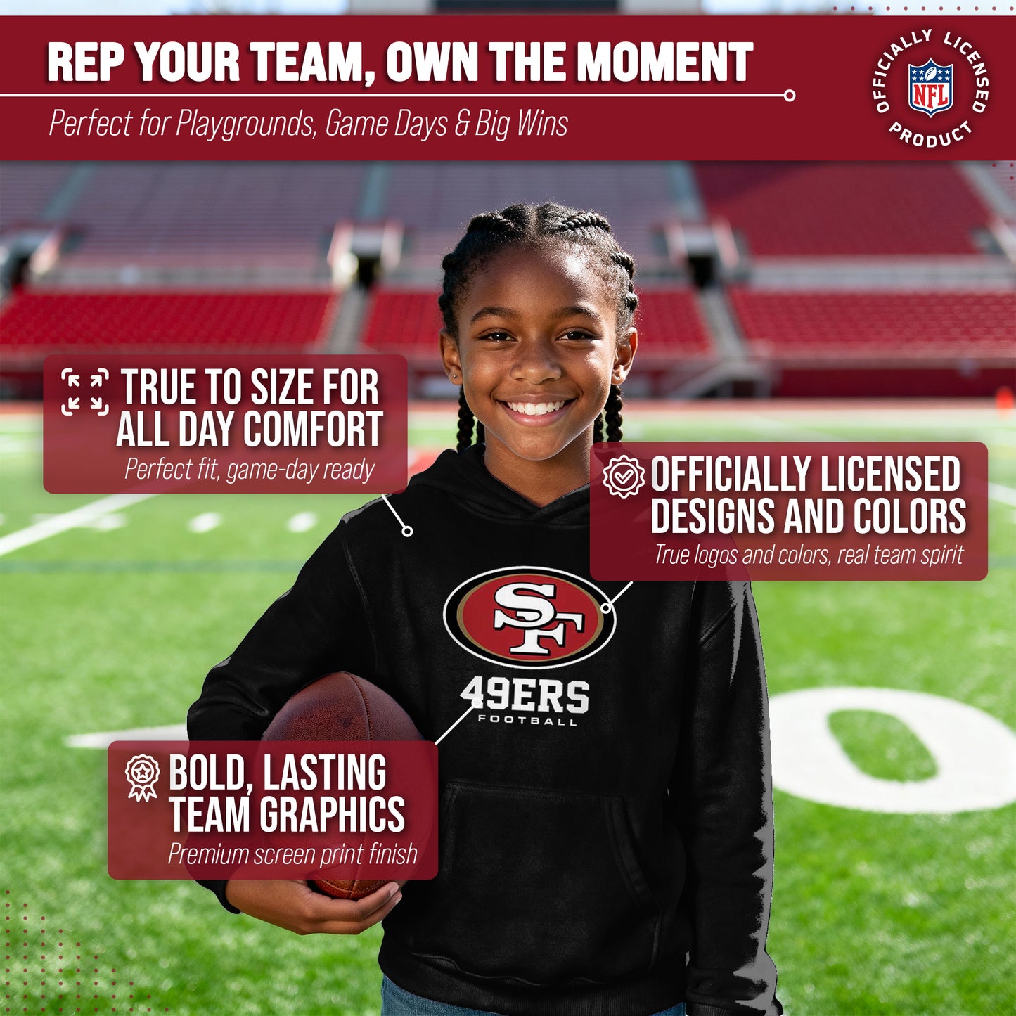 San Francisco 49ers Youth NFL Ultimate Fan Logo Fleece Hooded Sweatshirt -Tagless Football Pullover For Kids - Black