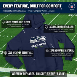 Seattle Seahawks Youth NFL Ultimate Fan Logo Fleece Hooded Sweatshirt -Tagless Football Pullover For Kids - Navy