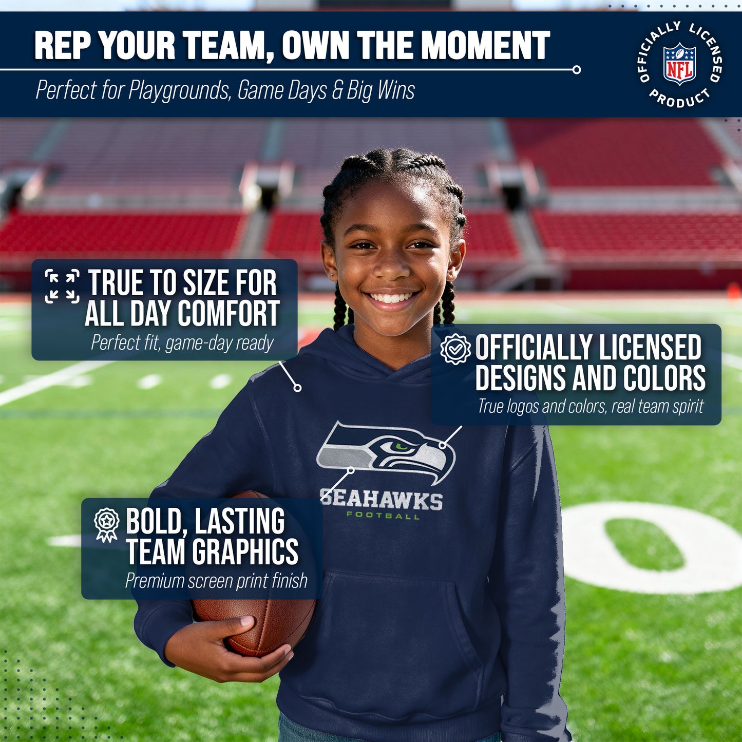 Seattle Seahawks Youth NFL Ultimate Fan Logo Fleece Hooded Sweatshirt -Tagless Football Pullover For Kids - Navy