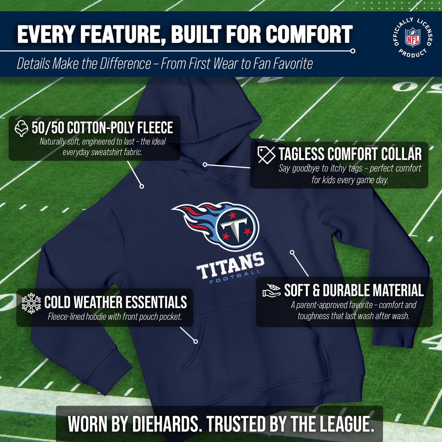 Tennessee Titans Youth NFL Ultimate Fan Logo Fleece Hooded Sweatshirt -Tagless Football Pullover For Kids - Navy