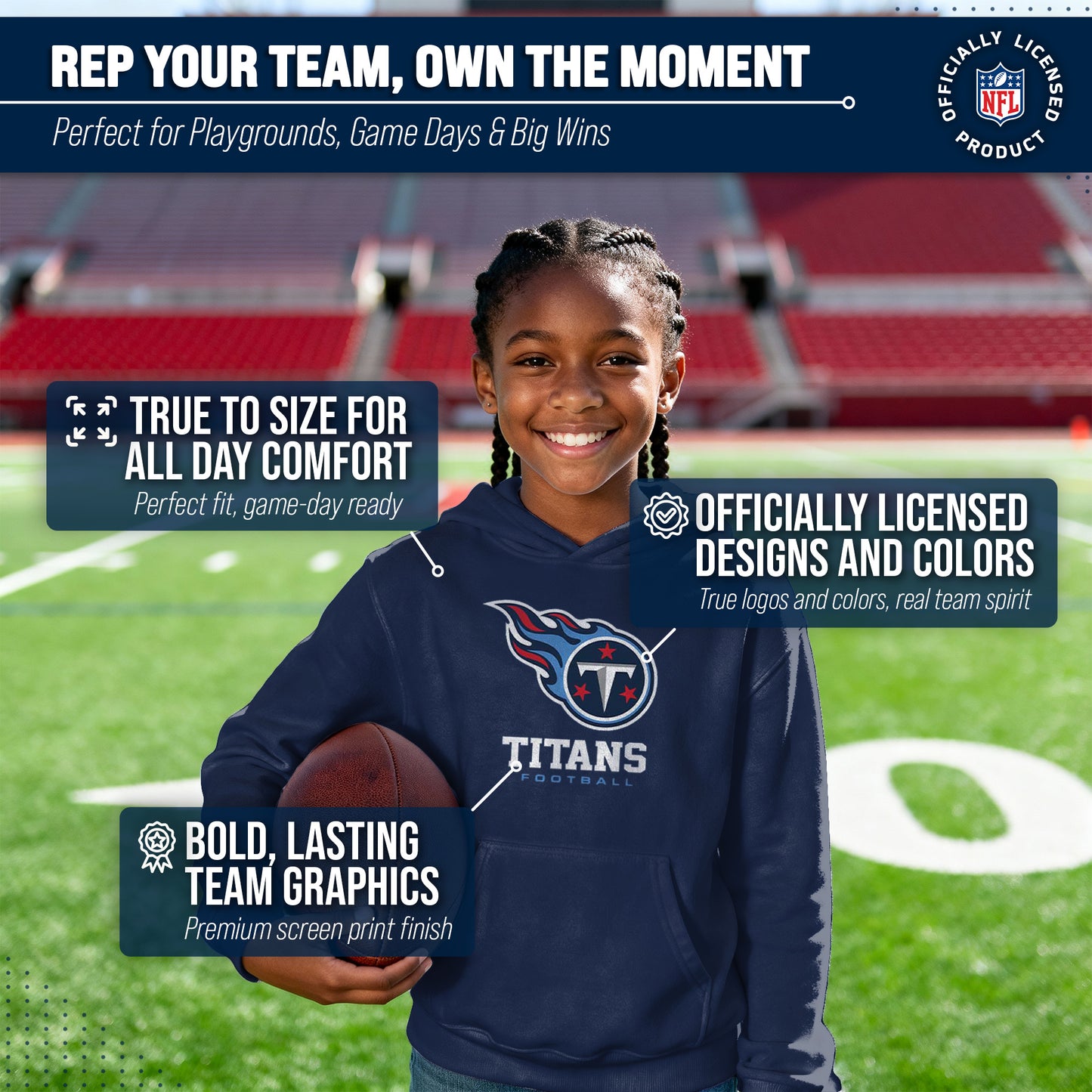 Tennessee Titans Youth NFL Ultimate Fan Logo Fleece Hooded Sweatshirt -Tagless Football Pullover For Kids - Navy