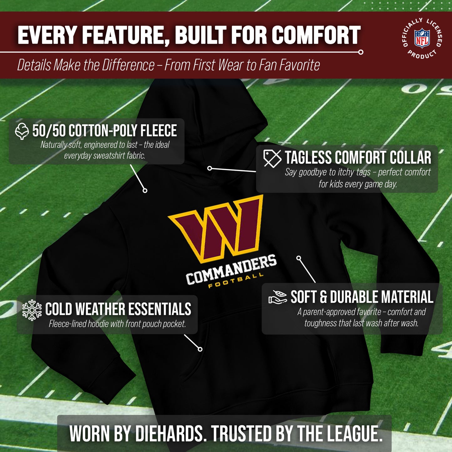 Washington Commanders Youth NFL Ultimate Fan Logo Fleece Hooded Sweatshirt -Tagless Football Pullover For Kids - Black