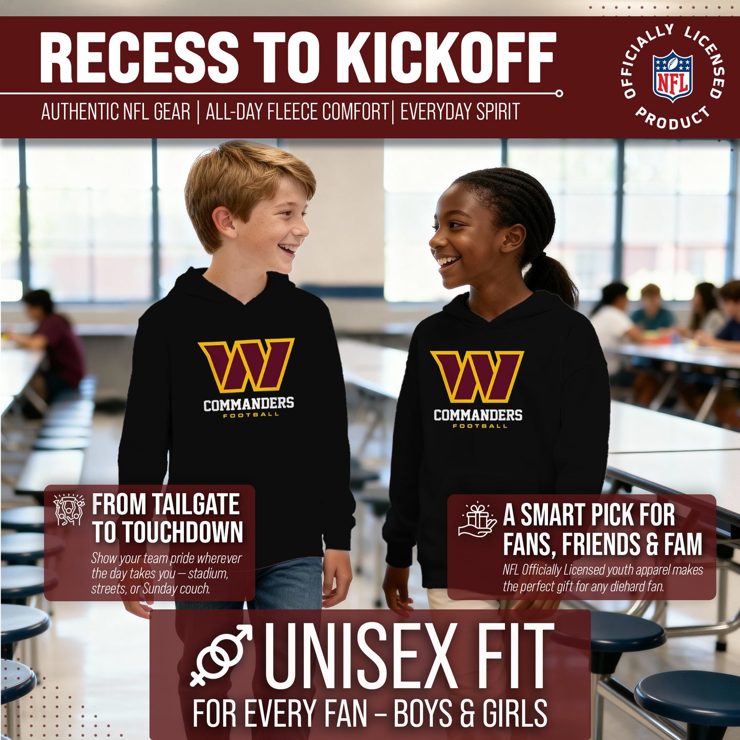 Washington Commanders Youth NFL Ultimate Fan Logo Fleece Hooded Sweatshirt -Tagless Football Pullover For Kids - Black