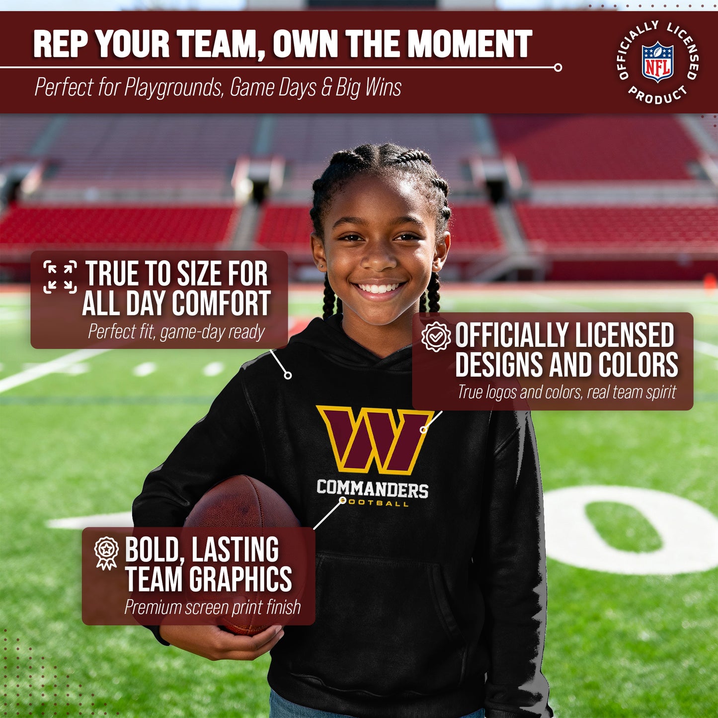 Washington Commanders Youth NFL Ultimate Fan Logo Fleece Hooded Sweatshirt -Tagless Football Pullover For Kids - Black