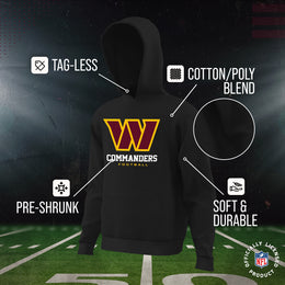 Washington Commanders Youth NFL Ultimate Fan Logo Fleece Hooded Sweatshirt -Tagless Football Pullover For Kids - Black