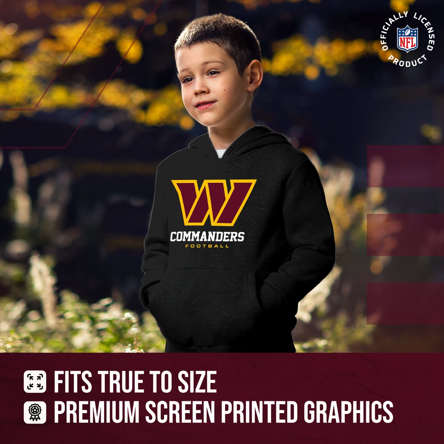 Washington Commanders Youth NFL Ultimate Fan Logo Fleece Hooded Sweatshirt -Tagless Football Pullover For Kids - Black