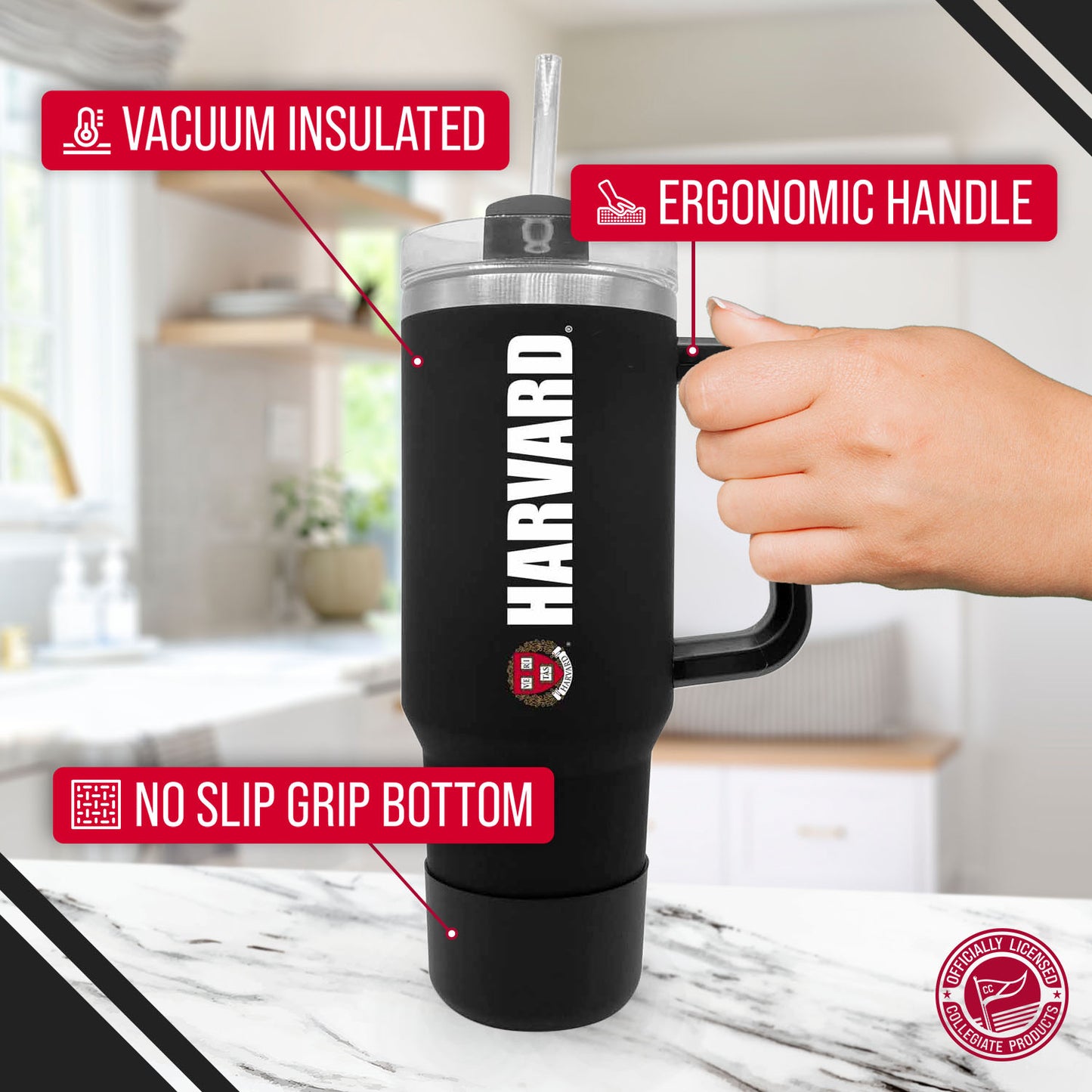 Harvard Crimson College & University 40 oz Travel Tumbler With Handle - Black