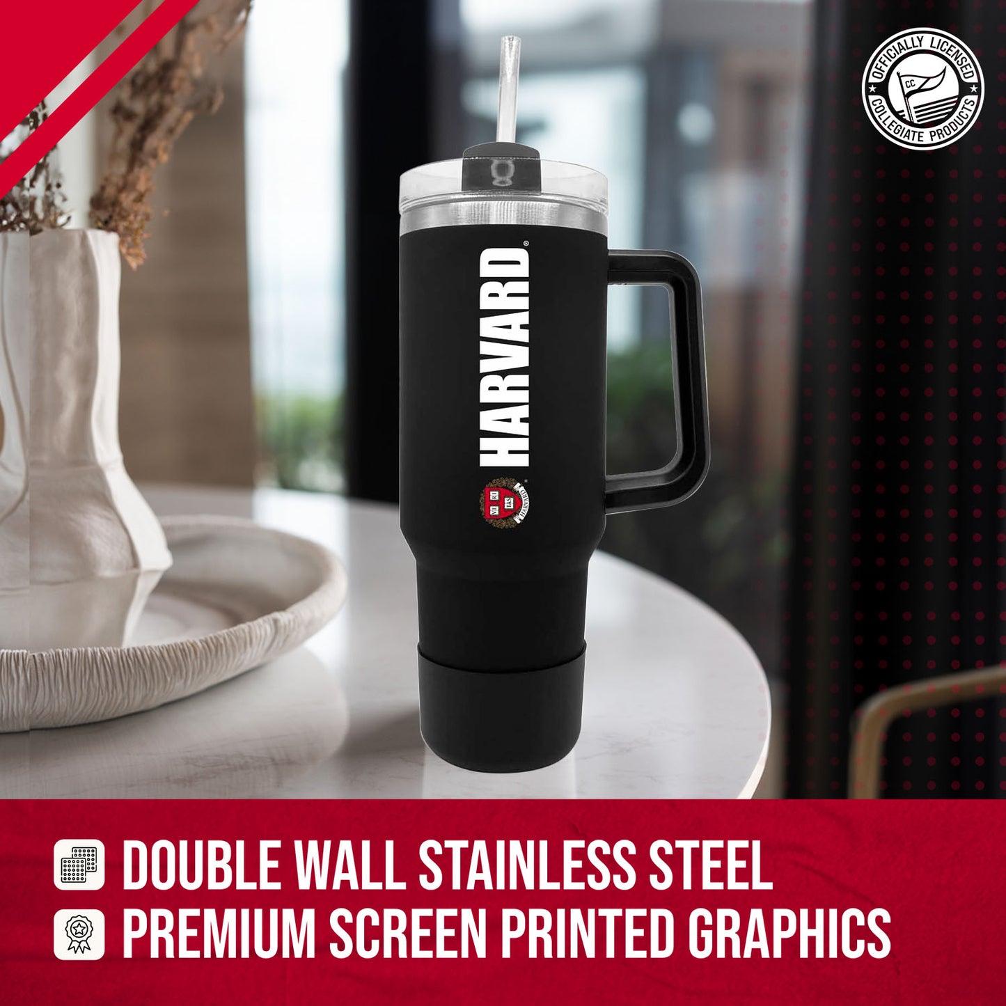 Harvard Crimson College & University 40 oz Travel Tumbler With Handle - Black