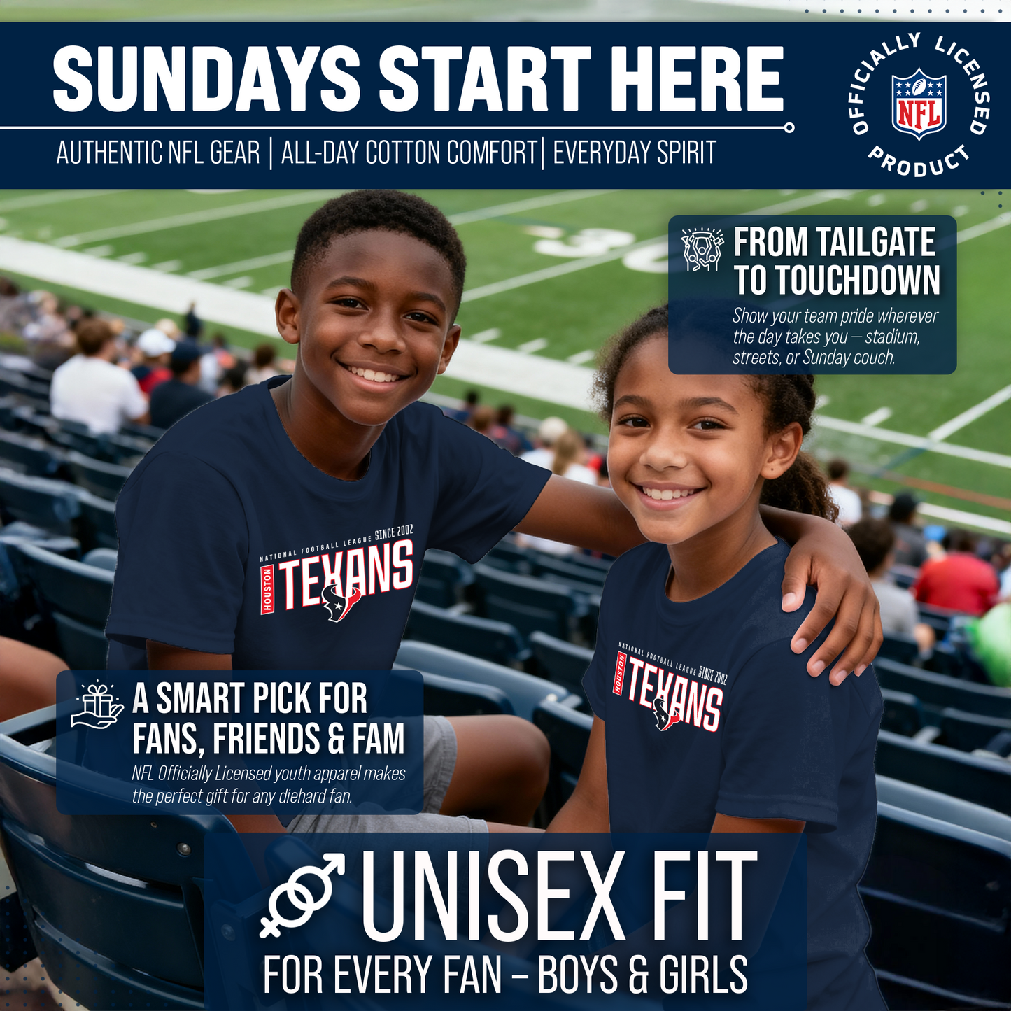 Houston Texans NFL Youth Modern Endzone Football T-Shirt Unisex Tag Free Comfortable - Navy