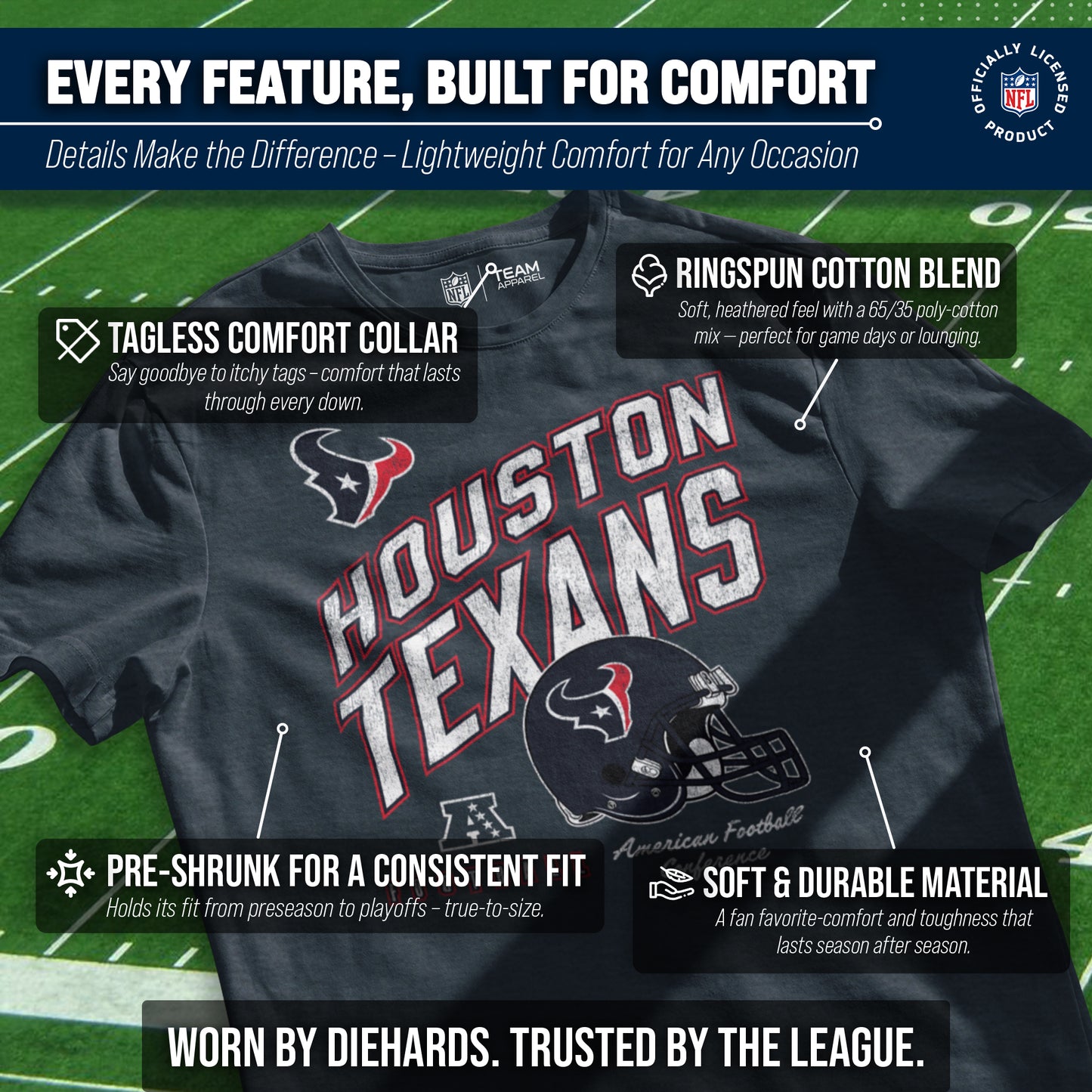 Houston Texans NFL Adult Distressed Helmet Tag-Less T-Shirt - Navy Heather