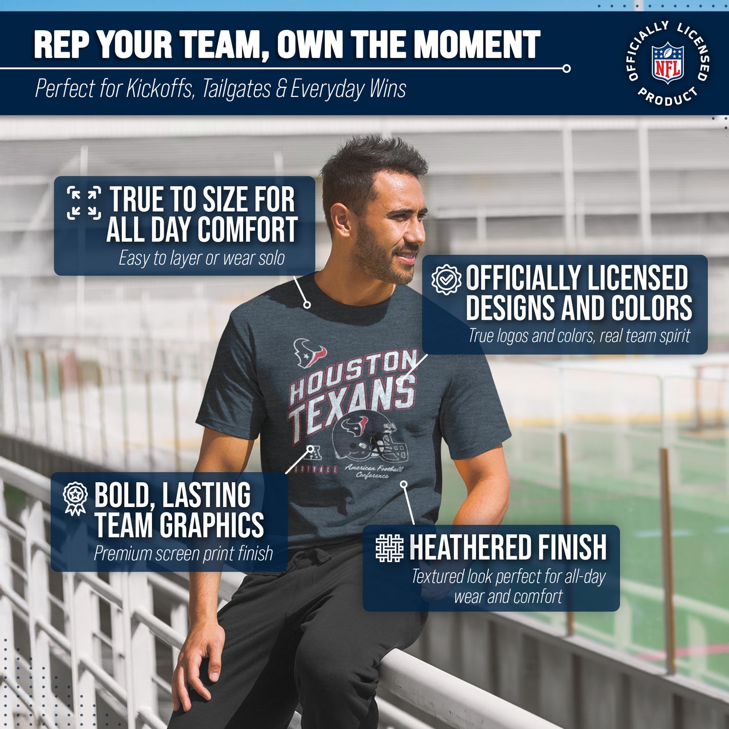 Houston Texans NFL Adult Distressed Helmet Tag-Less T-Shirt - Navy Heather