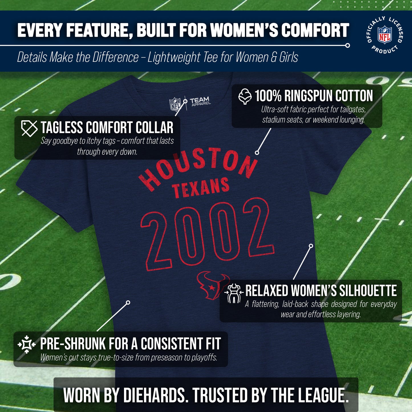 Houston Texans NFL Womens Big Date Tag-Less T-Shirt - Navy