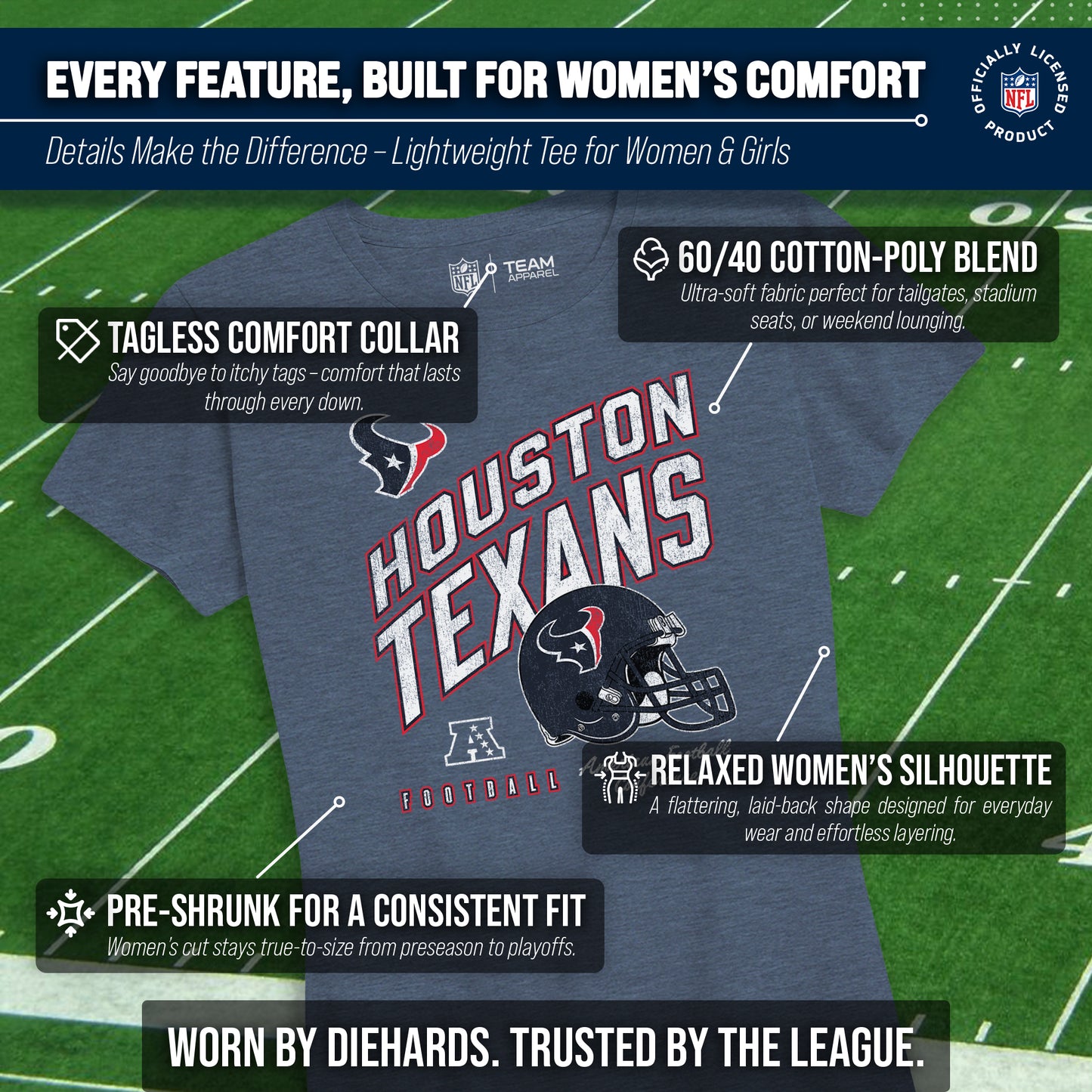 Houston Texans NFL Womens Distressed Helmet Tag-Less Soft T-Shirt - Blue Heather