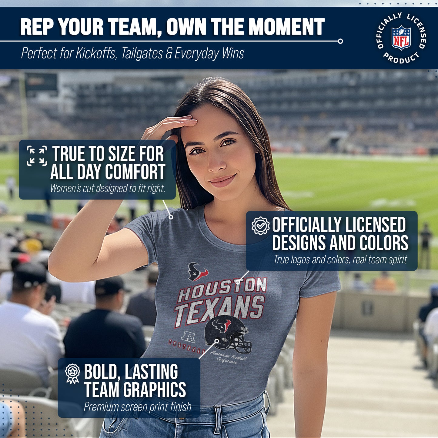 Houston Texans NFL Womens Distressed Helmet Tag-Less Soft T-Shirt - Blue Heather