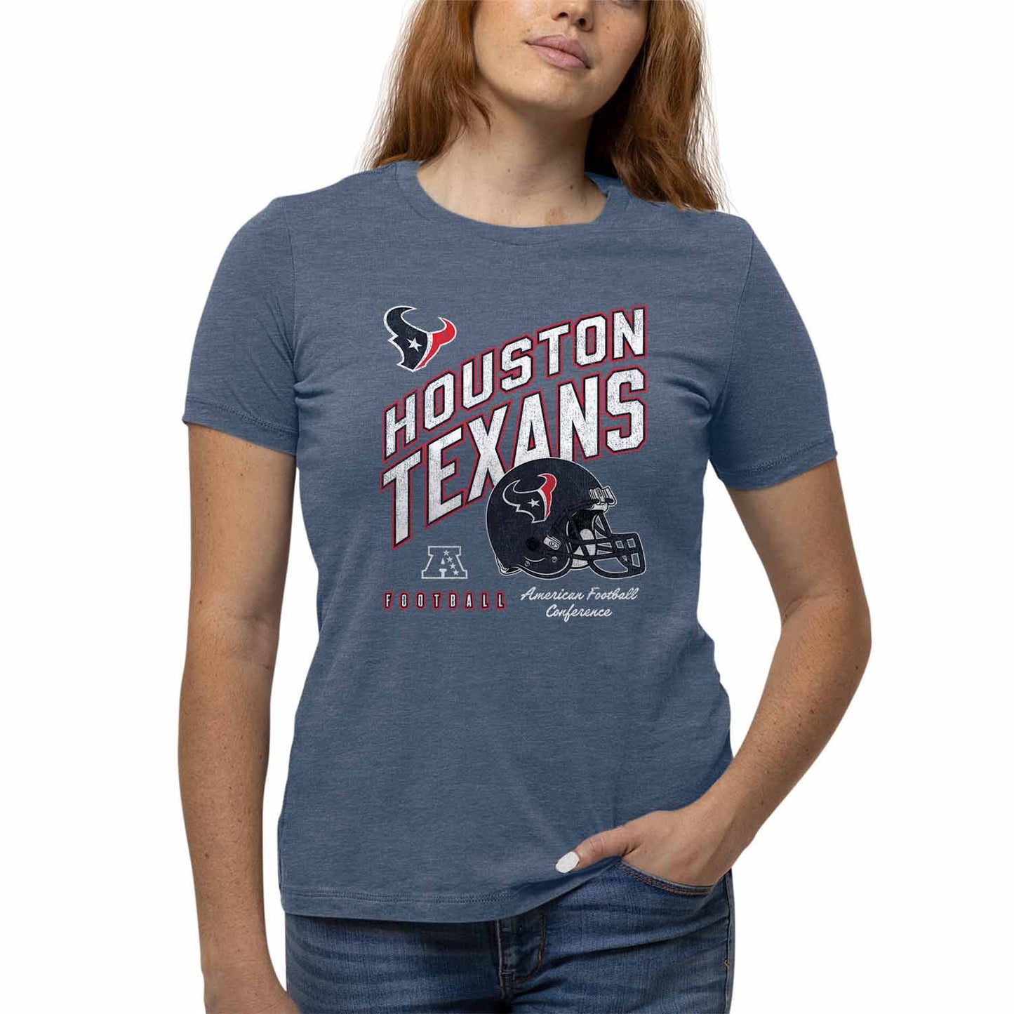 Houston Texans NFL Womens Distressed Helmet Tag-Less Soft T-Shirt - Blue Heather