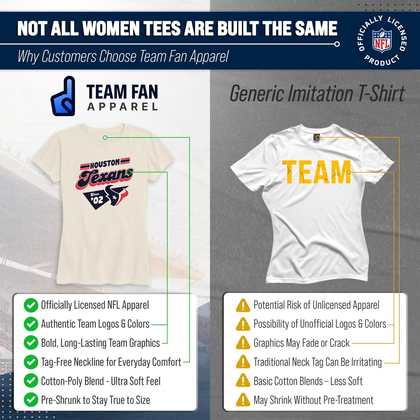 Houston Texans NFL Womens Vintage Charm Tag-Less Soft T-Shirt - Birch