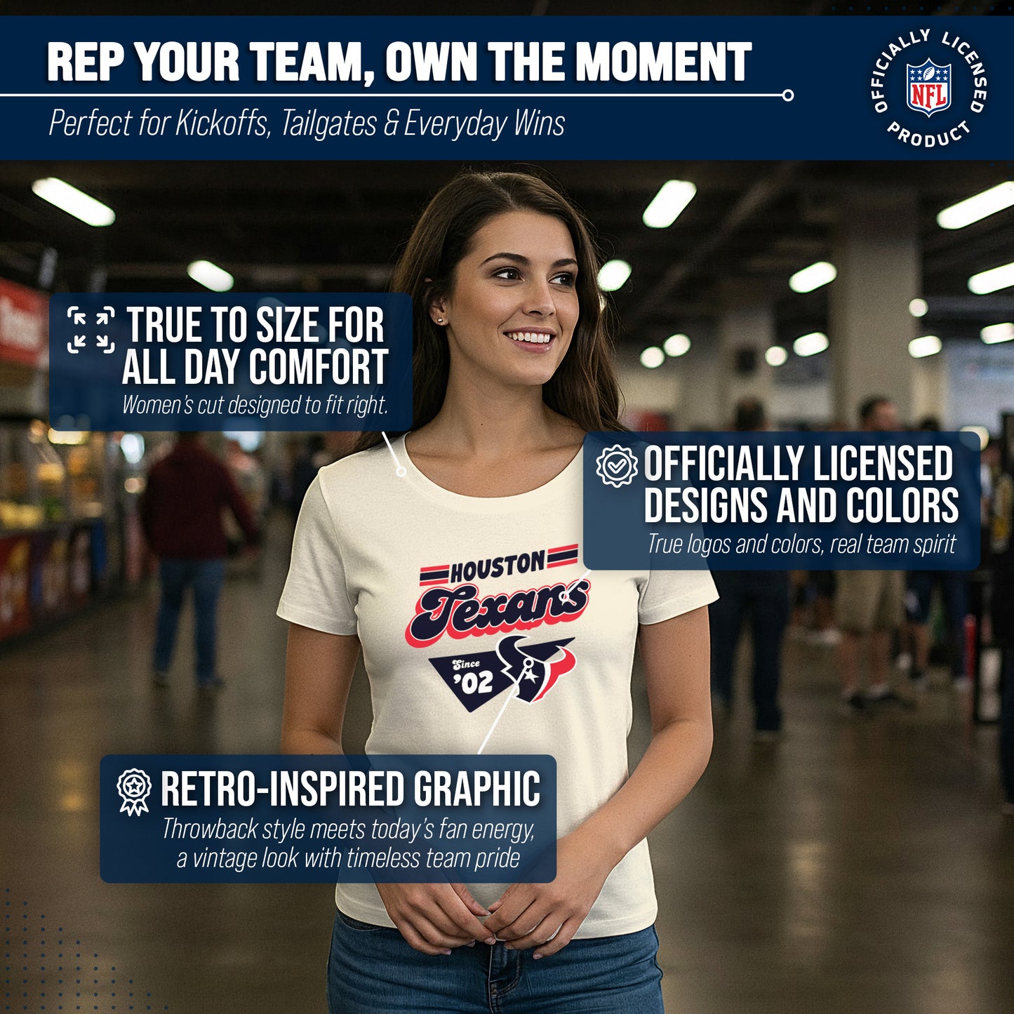 Houston Texans NFL Womens Vintage Charm Tag-Less Soft T-Shirt - Birch