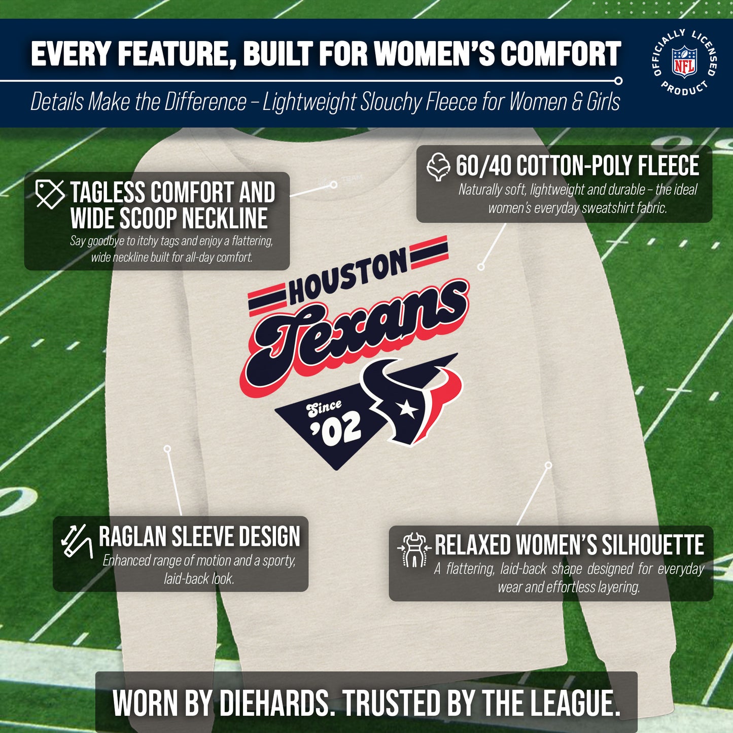 Houston Texans NFL Womens Vintage Charm Slouchy Crewneck - Birch