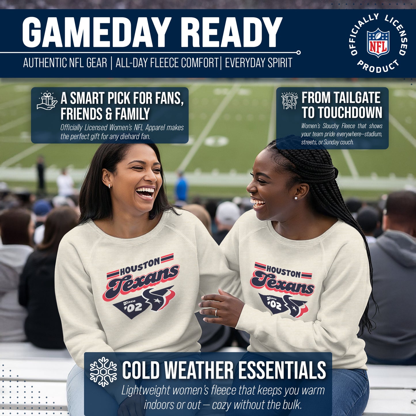 Houston Texans NFL Womens Vintage Charm Slouchy Crewneck - Birch