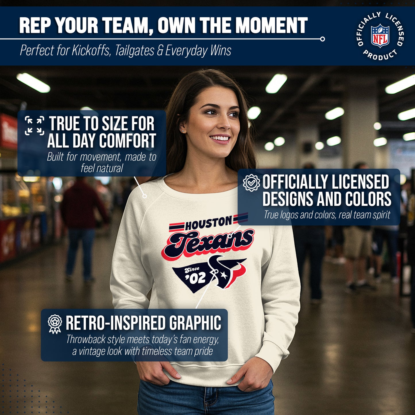 Houston Texans NFL Womens Vintage Charm Slouchy Crewneck - Birch