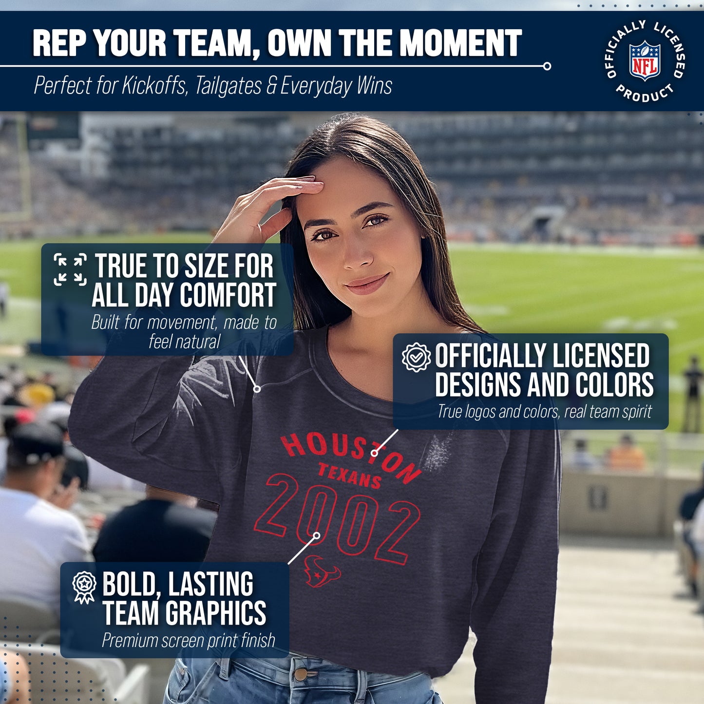Houston Texans NFL Womens Big Date French Terry Slouchy Top - Navy Heather
