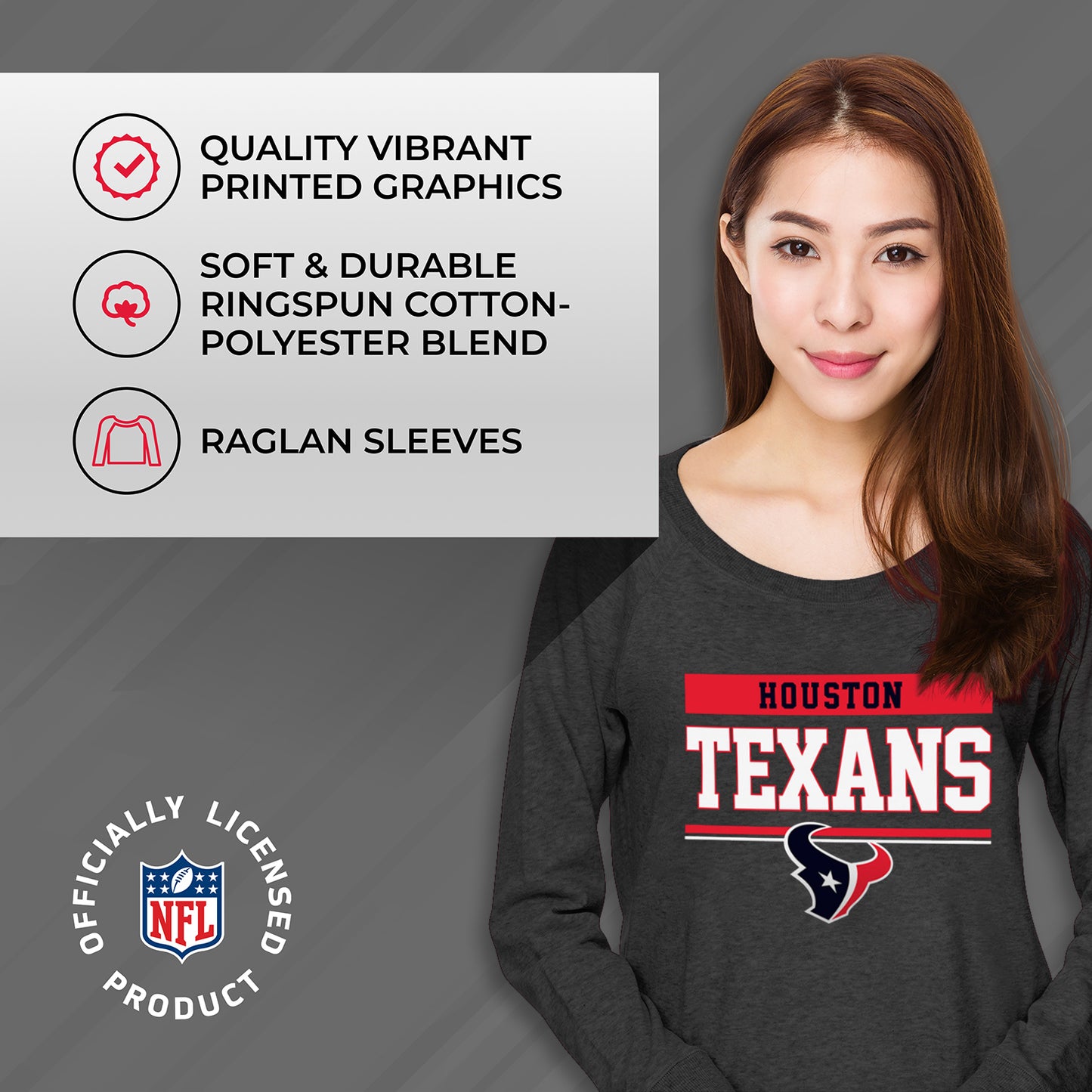 Houston Texans NFL Womens Charcoal Crew Neck Football Apparel - Charcoal