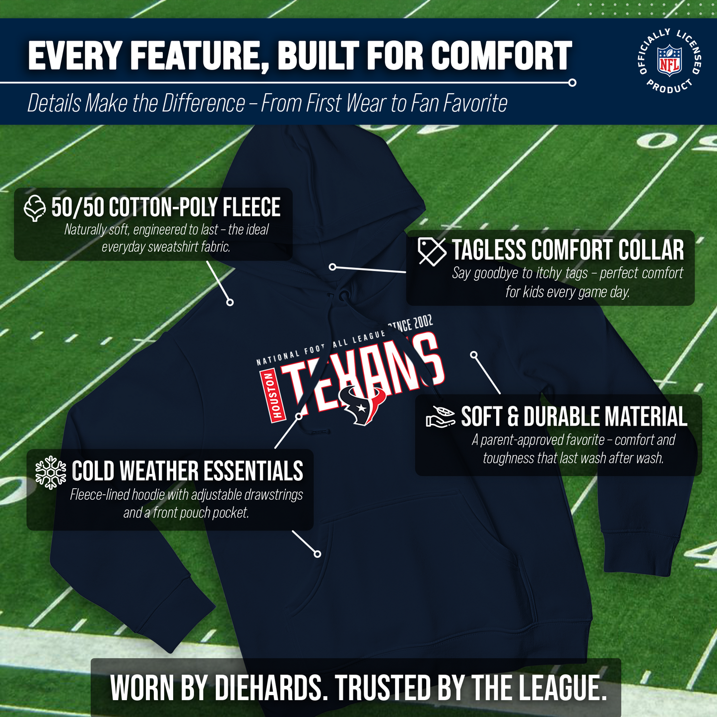 Houston Texans NFL Adult Unisex Modern Endzone Soft Fleece Hooded Sweatshirt - Navy
