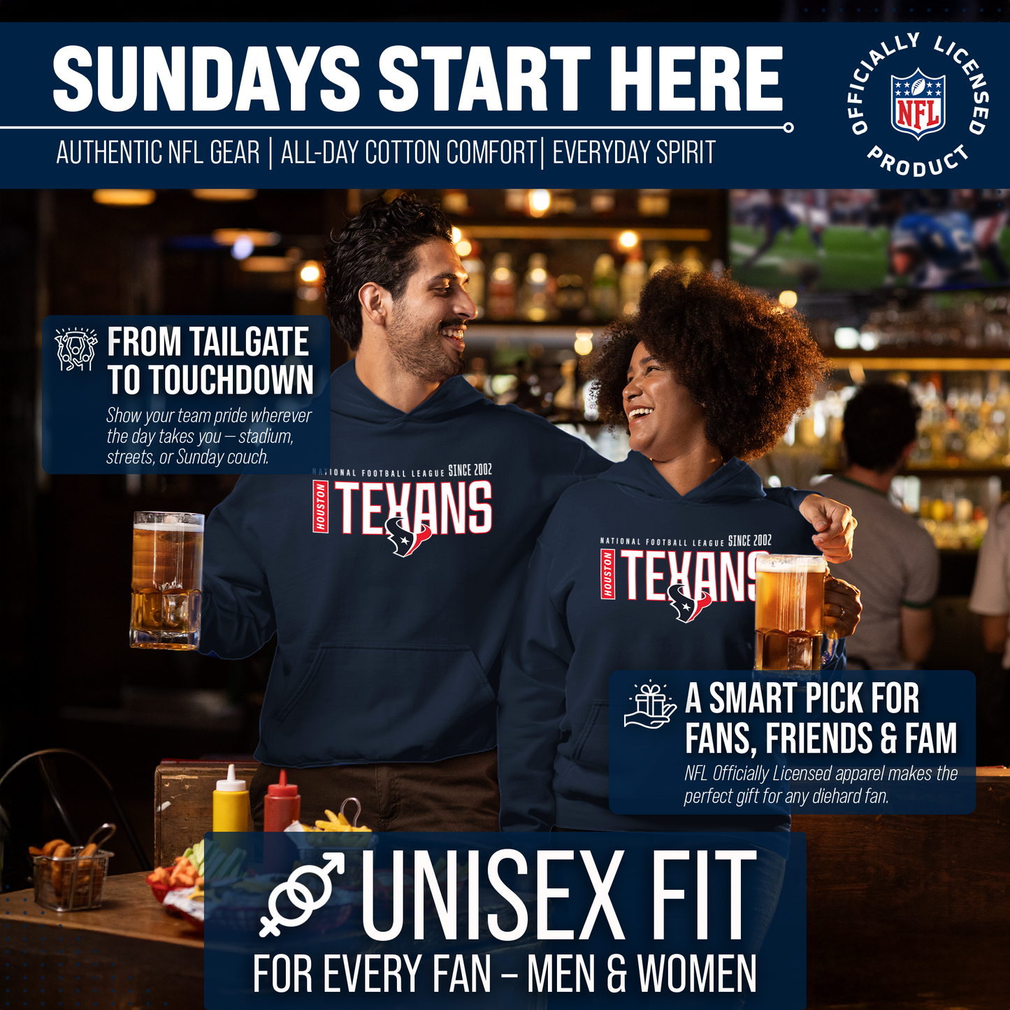 Houston Texans NFL Adult Unisex Modern Endzone Soft Fleece Hooded Sweatshirt - Navy