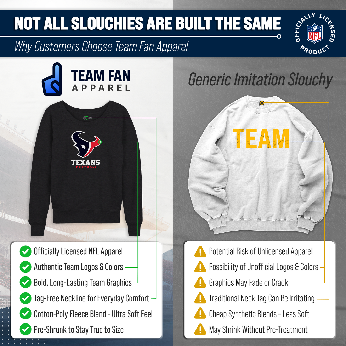 Houston Texans Women's NFL Ultimate Fan Logo Slouchy Crewneck -Tagless Fleece Lightweight Pullover - Charcoal