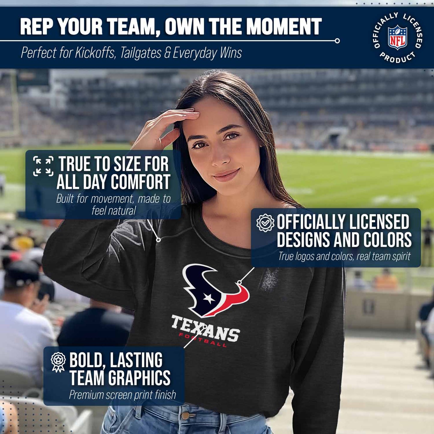 Houston Texans Women's NFL Ultimate Fan Logo Slouchy Crewneck -Tagless Fleece Lightweight Pullover - Charcoal